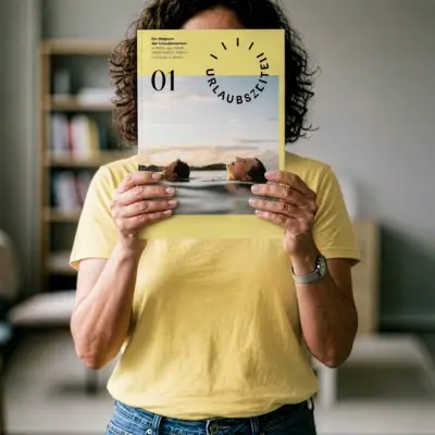 Holiday periods A woman is holding the *Urlaubszeiten* magazine in front of her face.